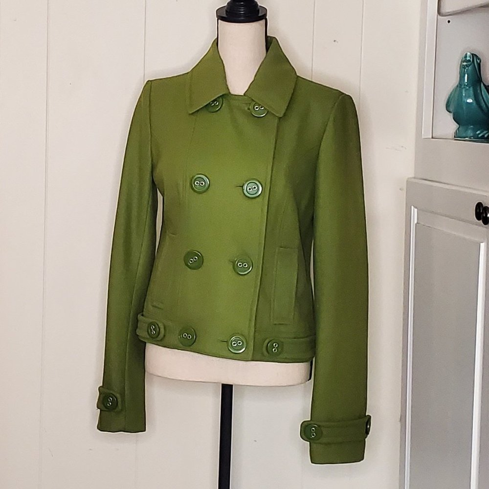 Tulle Military Style Double-Breasted Green Coat
